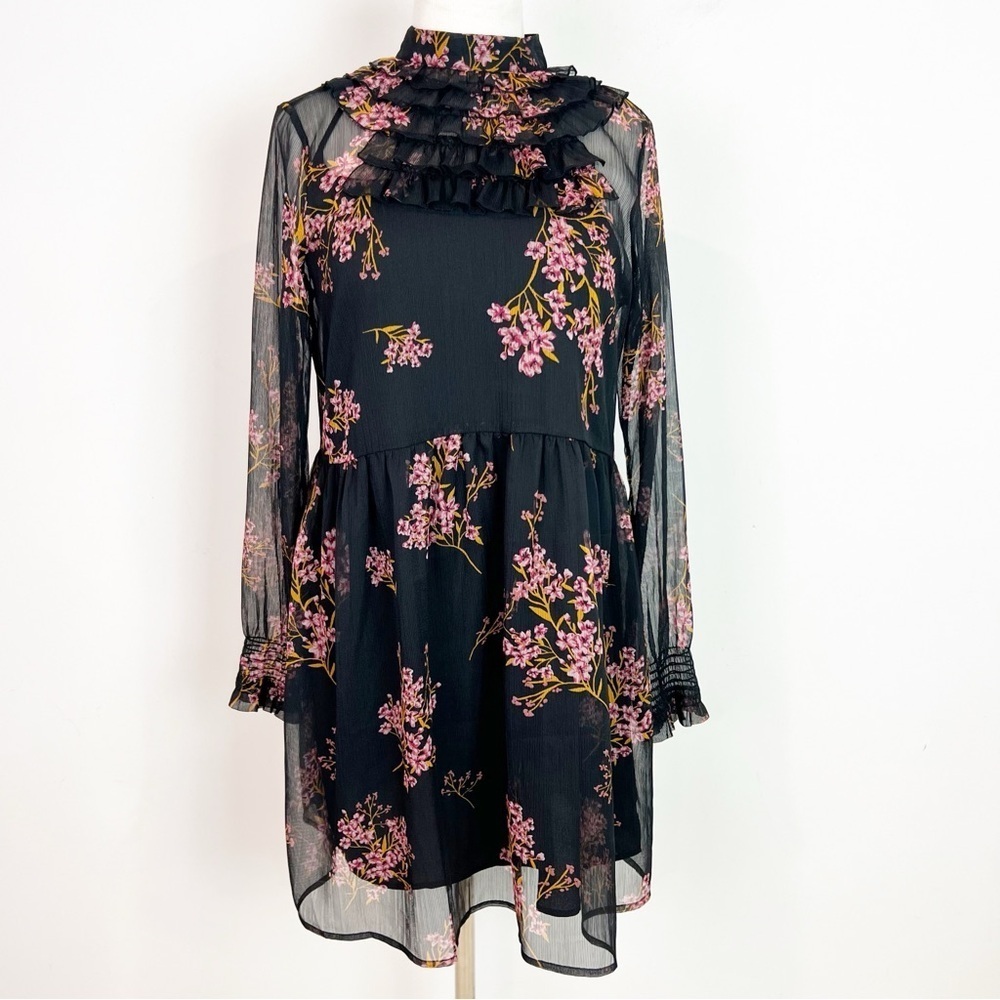 WHO WHAT WEAR BLACK PINK FLORAL MOCK RUFFLE NECK DRESS WOMENS SZ SMALL NWT